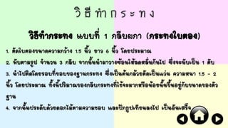 วิ ธี ทา ก ร ะ ท ง
วิธีทากระทง แบบที่ 1 กลีบผกา (กระทงใบตอง)
1. ตัดใบตองขนาดความกว้าง 1.5 นิ้ว ยาว 6 นิ้ว โดยประมาณ
2. พับตามรูป จานวน 3 กลีบ จากนั้นนามาวางซ้อนให้ลดหลั่นกันไป ซึ่งจะนับเป็น 1 ตับ
3. นาไปติดโดยรอบที่ขอบของฐานกระทง ซึ่งเป็นต้นกล้วยตัดเป็นแว่น ความหนา 1.5 – 2
นิ้ว โดยประมาณ ทั้งนี้ปริมาณของกลีบกระทงที่ใช้จะมากหรือน้อยนั้นขึ้นอยู่กับขนาดของตัว
ฐาน
4. จากนั้นประดับด้วยดอกไม้ตามความชอบ และปักธูปเทียนลงไป เป็นอันเสร็จ
 