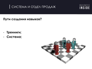 СИСТЕМА И ОТДЕЛ ПРОДАЖ
- Тренинги;
- Система;
Пути создания навыков?
 