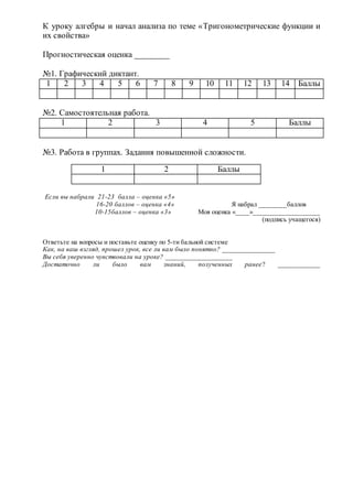 К уроку алгебры и начал анализа по теме «Тригонометрические функции и
их свойства»
Прогностическая оценка ________
№1. Графический диктант.
1 2 3 4 5 6 7 8 9 10 11 12 13 14 Баллы
№2. Самостоятельная работа.
1 2 3 4 5 Баллы
№3. Работа в группах. Задания повышенной сложности.
1 2 Баллы
Если вы набрали 21-23 балла – оценка «5»
16-20 баллов – оценка «4» Я набрал ________баллов
10-15баллов – оценка «3» Моя оценка «____»___________________
(подпись учащегося)
Ответьте на вопросы и поставьте оценку по 5-ти бальной системе
Как, на ваш взгляд, прошел урок, все ли вам было понятно? _______________
Вы себя уверенно чувствовали на уроке? ___________________
Достаточно ли было вам знаний, полученных ранее? ____________
 