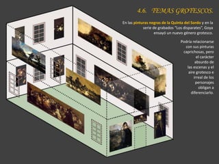 Podría relacionarse
con sus pinturas
caprichosas, pero
el carácter
absurdo de
las escenas y el
aire grotesco e
irreal de los
personajes
obligan a
diferenciarlo.
4.6. TEMAS GROTESCOS.
En las pinturas negras de la Quinta del Sordo y en la
serie de grabados “Los disparates”, Goya
ensayó un nuevo género grotesco.
 