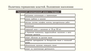 Политика германских властей. Положение населения
Германский оккупационный режим в Беларуси
программа колонизации и германизации
режим грабежа и насилия
жёсткая система штрафов, налогов, принудительных работ
реквизиции
подушный налог с населения от 16 до 60 лет
в Германию вывозилось трудоспособное население и мате-
риальные ценности
запрет обучения на русском языке
введение преподавания на белорусском языке в начальной
школе
обязательное изучение немецкого языка
запрет на политическую деятельность
 