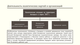 Деятельность политических партий и организаций
Особенностью политического положения в Беларуси в условиях двоевластия стало появление
третьей силы, которая представляла собой белорусское национальное движение. Самой влия-
тельной белорусской партией была Белорусская социалистическая громада. Она имела своих
представителей в Петроградском и Минском Советах рабочих и солдатских депутатов и под-
держивала Временное правительство. В программе партии были требования автономии Бела-
руси в составе Российской федеративной республики, передачи земли крестьянам, установле-
ния 8-часового рабочего дня.
Политическая ситуация на территории
Беларуси в марте 1917 г.
революционно-
демократическая власть
белорусское
национальное
движение
буржуазная власть
 