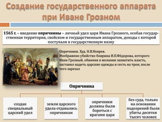 1565 г. – введение опричнины – личный удел царя Ивана Грозного, особая государ-
ственная территория, свойском и государственным аппаратом, доходы с которой
поступали в государственную казну
Опричники. Худ. Н.В.Неврев.
Изображено убийство боярина И.П.Фёдорова, которого
Иван Грозный, обвинив в желании захватить власть,
заставил надеть царские одежды и сесть на трон, после
чего зарезал
 