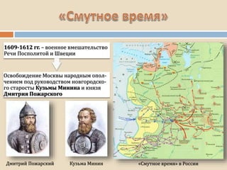 «Смутное время» в России
1609-1612 гг. – военное вмешательство
Речи Посполитой и Швеции
Освобождение Москвы народным опол-
чением под руководством новгородско-
го старосты Кузьмы Минина и князя
Дмитрия Пожарского
Дмитрий Пожарский Кузьма Минин
 