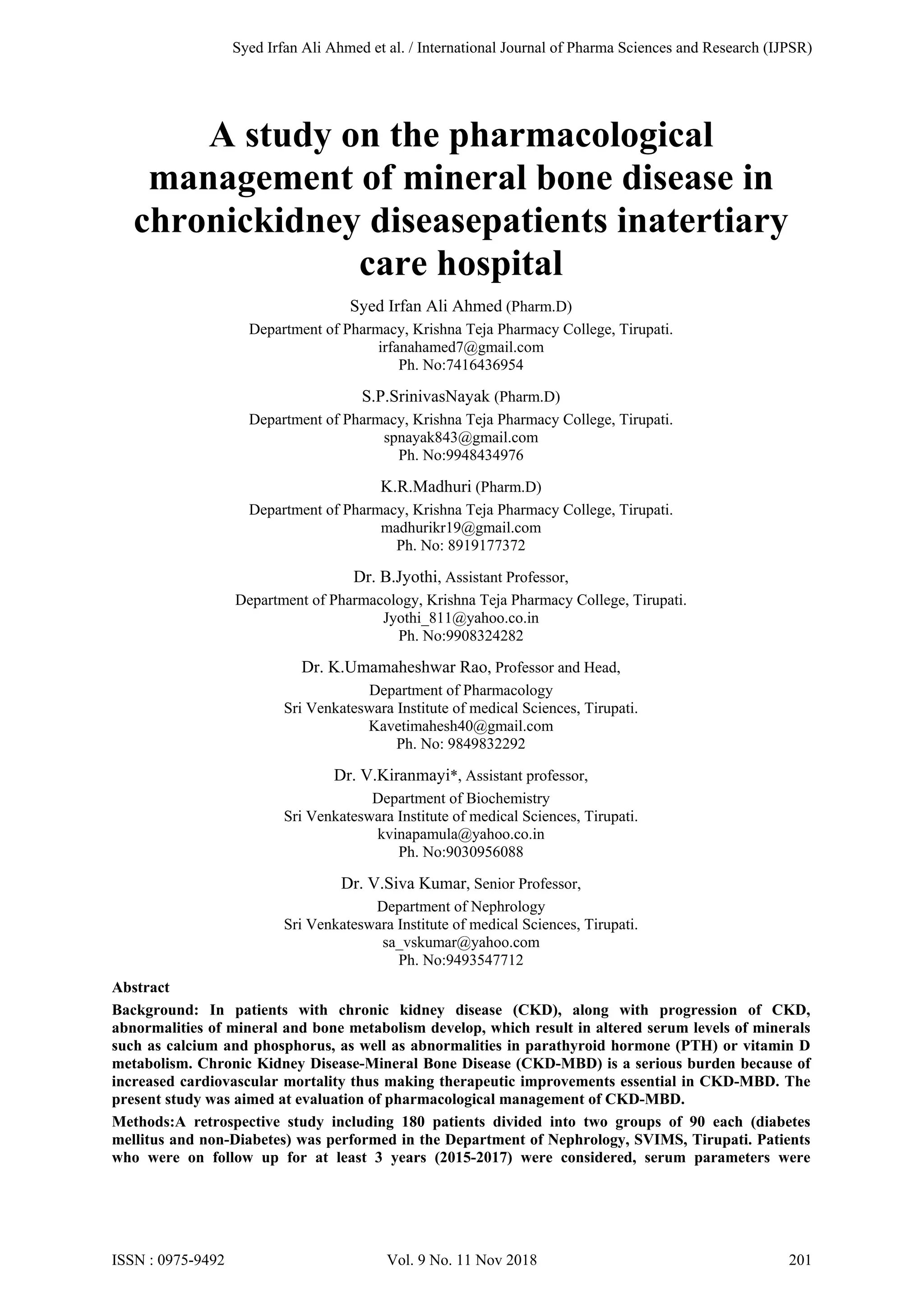 A study on the pharmacological management of mineral bone disease in ...