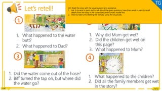 2
3 4
1. What happened to the water
butt?
2. What happened to Dad?
1. Why did Mum get wet?
2. Did the children get wet on
this page?
3. What happened to Mum?
1. Did the water come out of the hose?
2. Biff turned the tap on, but where did
the water go?
1. What happened to the children?
2. Did all the family members get wet
in the story?
Reading
2:00
1
Let’s retell!
24/32
LO: Retell the story with the visual support and assistance.
1. Ask Ss to work in pairs and to talk about the given questions; have them work in pairs to recall
details from the story in the correct sequential order; model first.
2. Have Ss take turns retelling the story by using the visual aids.
TG
 