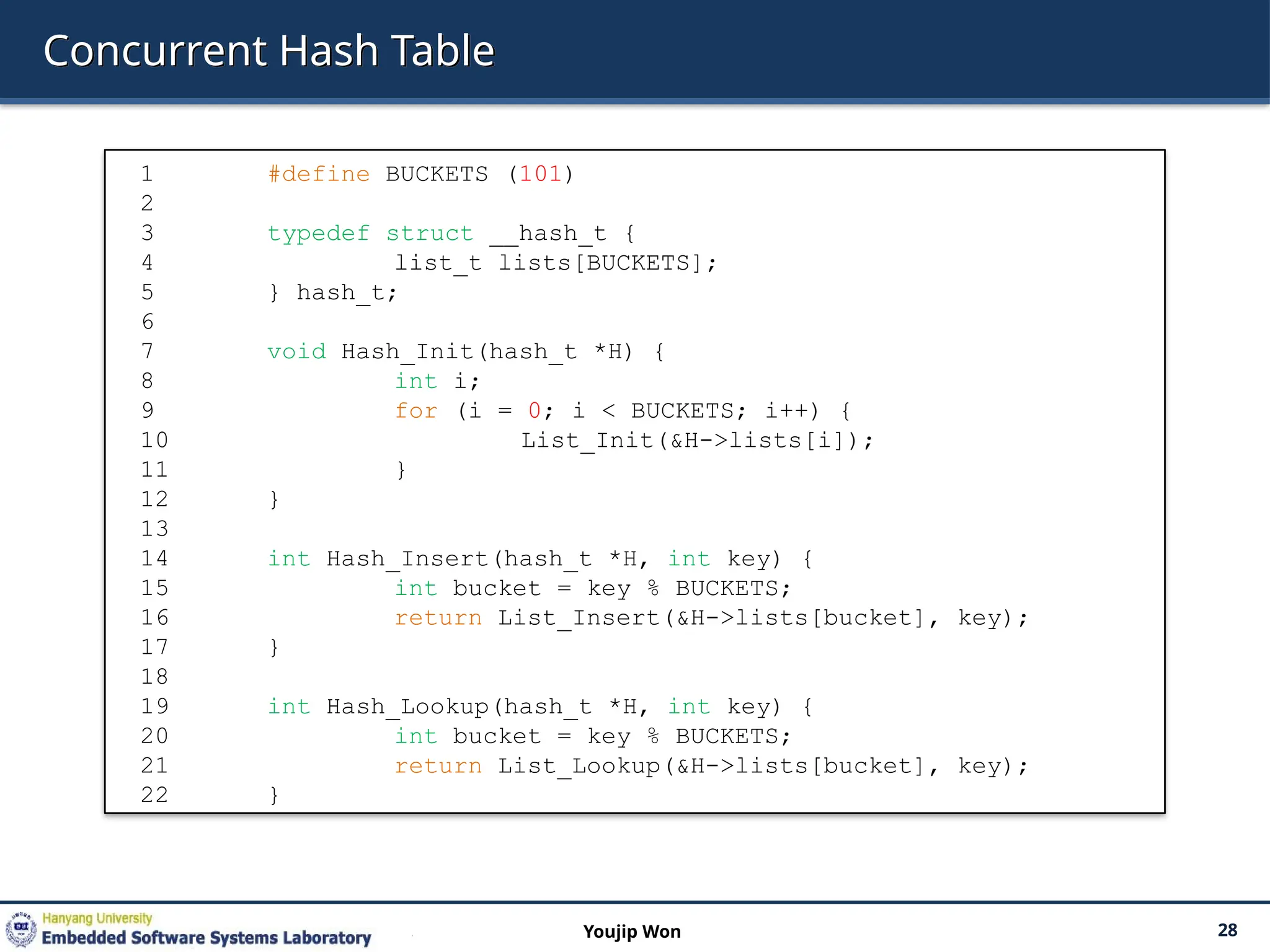 Concurrent Hash Table
28
Youjip Won
1 #define BUCKETS (101)
2
3 typedef struct __hash_t {
4 list_t lists[BUCKETS];
5 } hash_t;
6
7 void Hash_Init(hash_t *H) {
8 int i;
9 for (i = 0; i < BUCKETS; i++) {
10 List_Init(&H->lists[i]);
11 }
12 }
13
14 int Hash_Insert(hash_t *H, int key) {
15 int bucket = key % BUCKETS;
16 return List_Insert(&H->lists[bucket], key);
17 }
18
19 int Hash_Lookup(hash_t *H, int key) {
20 int bucket = key % BUCKETS;
21 return List_Lookup(&H->lists[bucket], key);
22 }
 