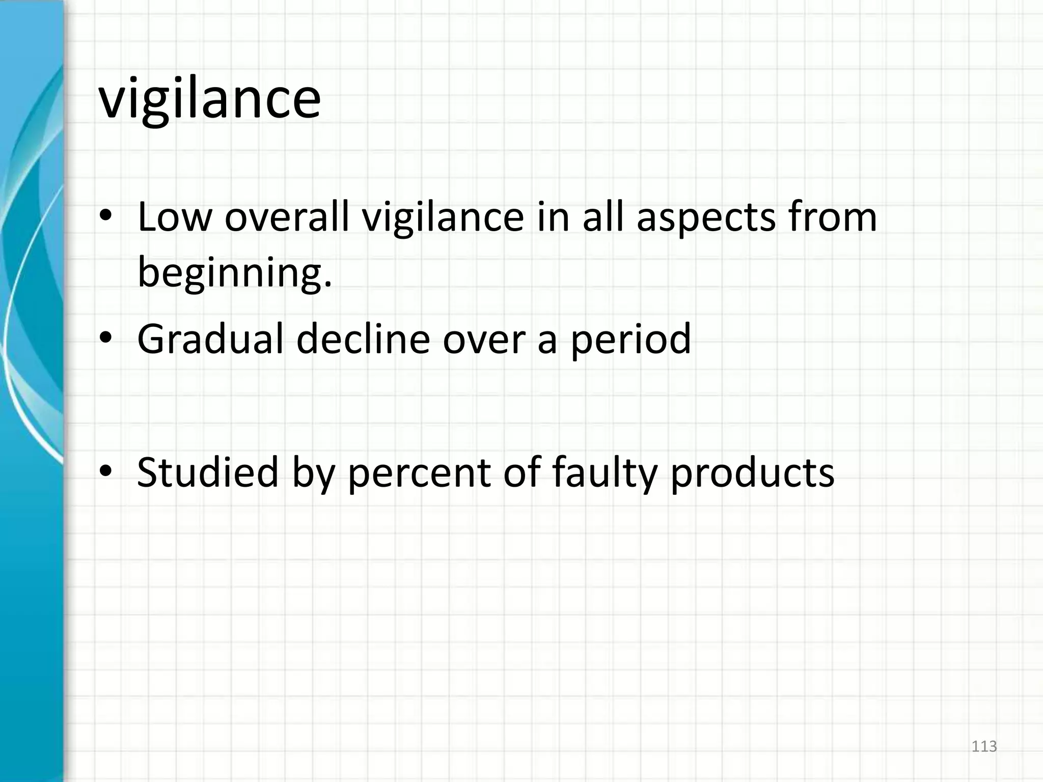 vigilance
• Low overall vigilance in all aspects from
beginning.
• Gradual decline over a period
• Studied by percent of faulty products
113
 