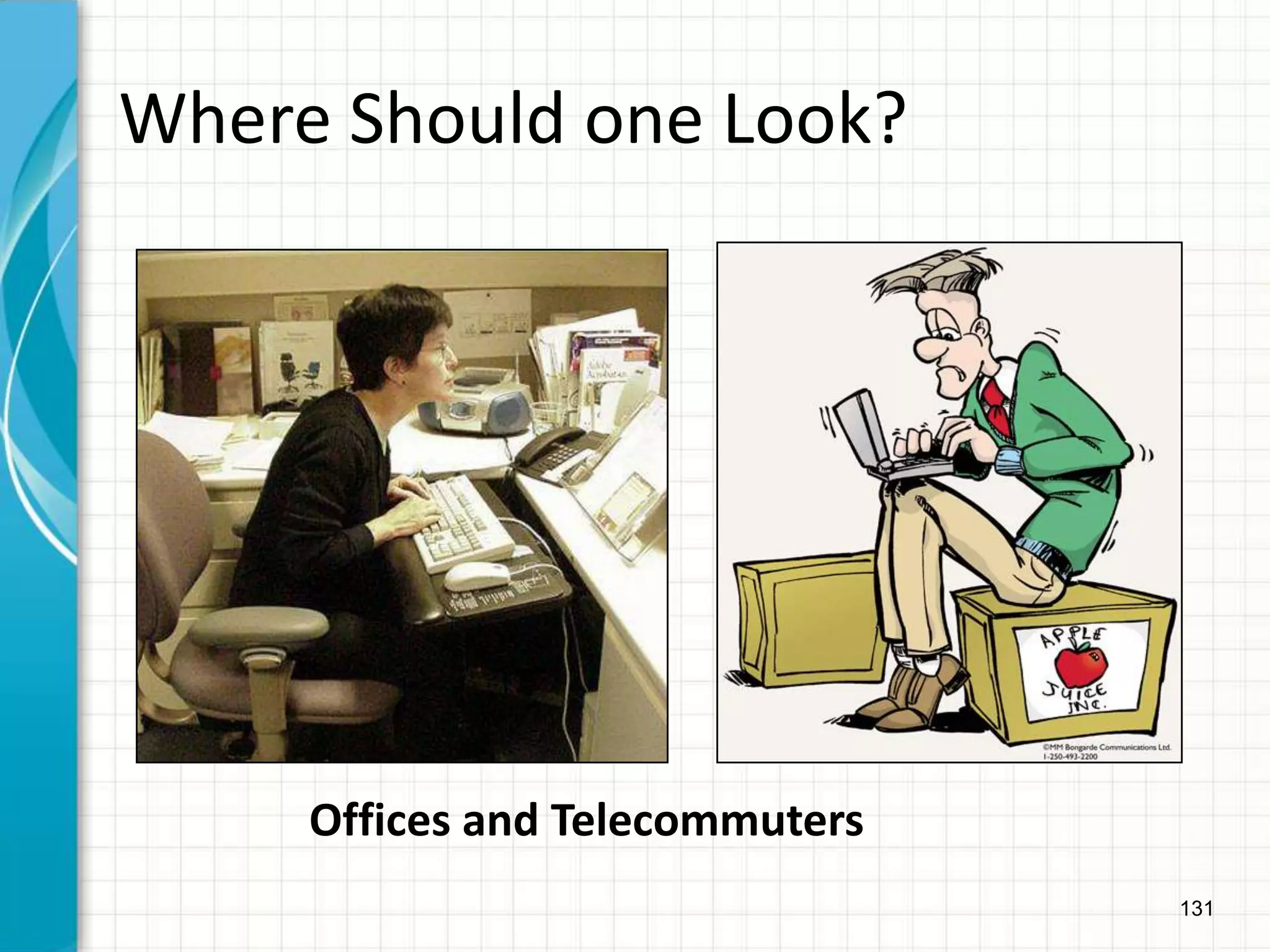 131
Where Should one Look?
Offices and Telecommuters
 