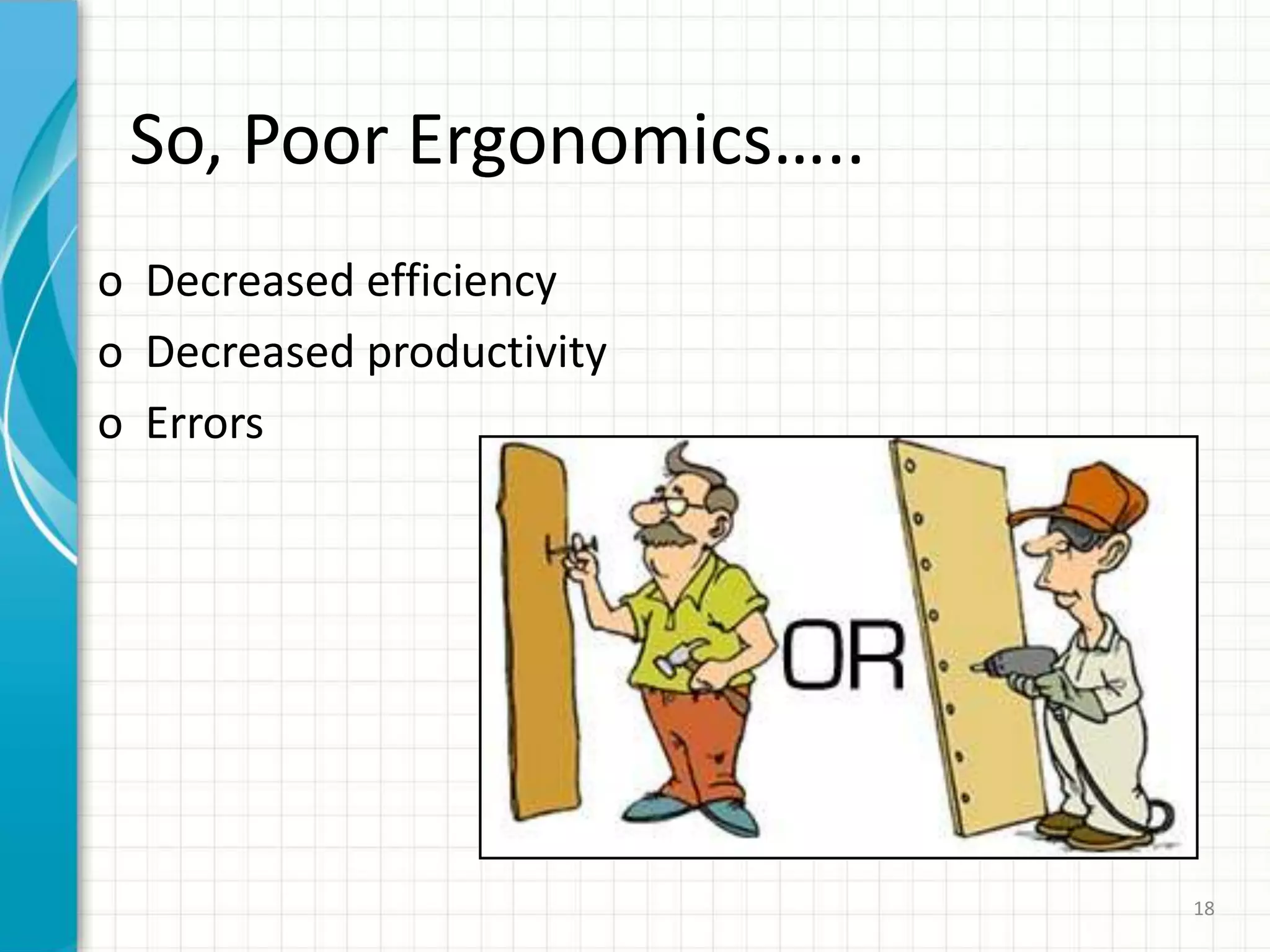 So, Poor Ergonomics…..
o Decreased efficiency
o Decreased productivity
o Errors
18
 