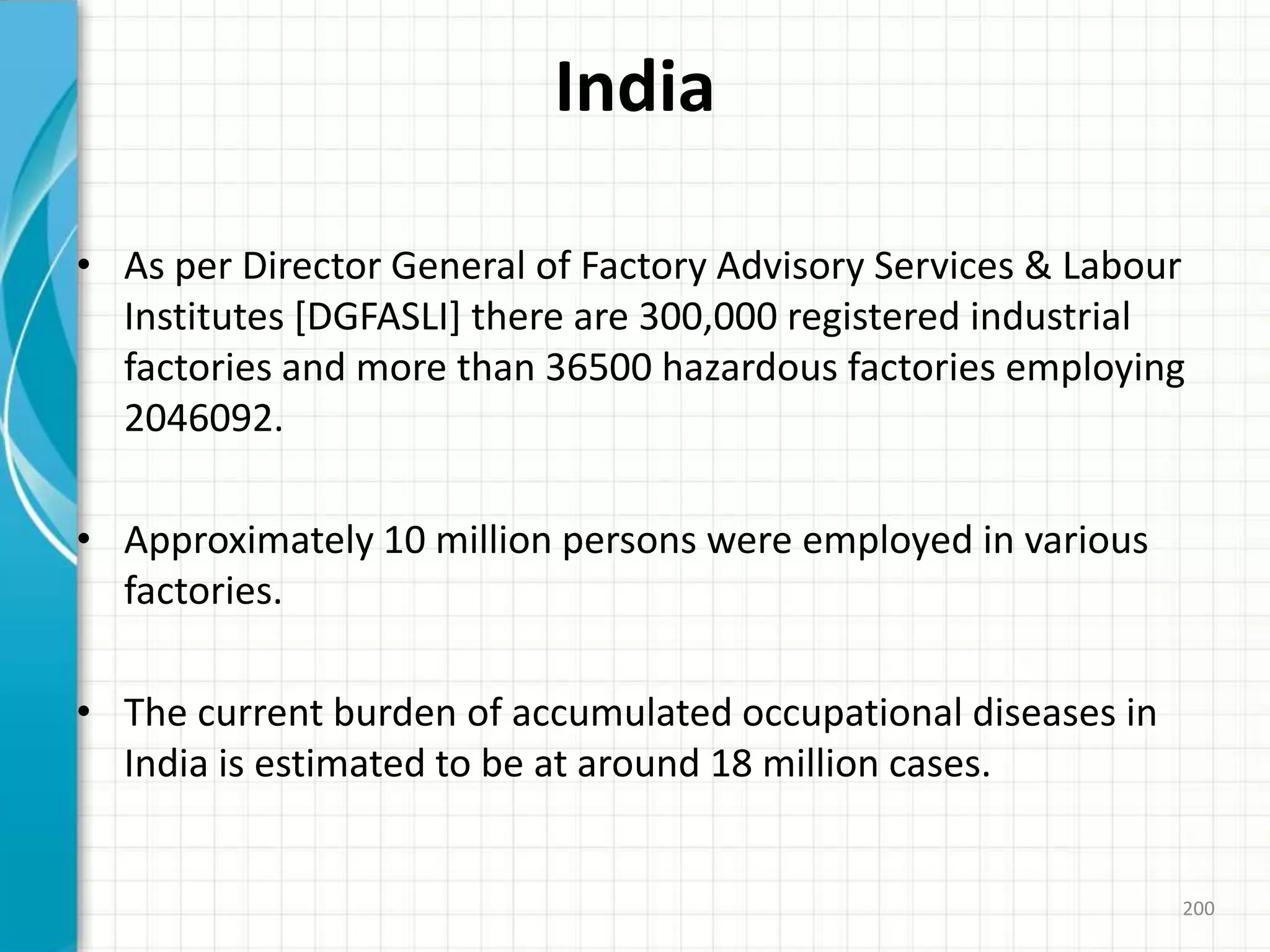 India
• As per Director General of Factory Advisory Services & Labour
Institutes [DGFASLI] there are 300,000 registered industrial
factories and more than 36500 hazardous factories employing
2046092.
• Approximately 10 million persons were employed in various
factories.
• The current burden of accumulated occupational diseases in
India is estimated to be at around 18 million cases.
200
 