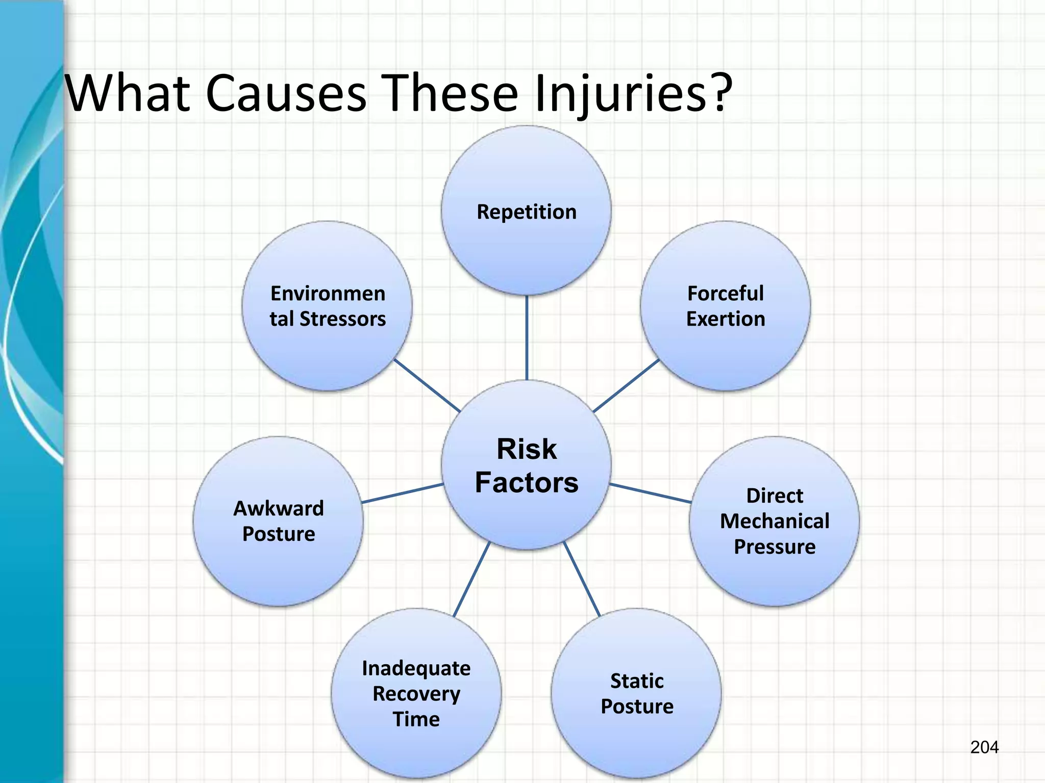 204
What Causes These Injuries?
Risk
Factors
Repetition
Forceful
Exertion
Direct
Mechanical
Pressure
Static
Posture
Inadequate
Recovery
Time
Awkward
Posture
Environmen
tal Stressors
 