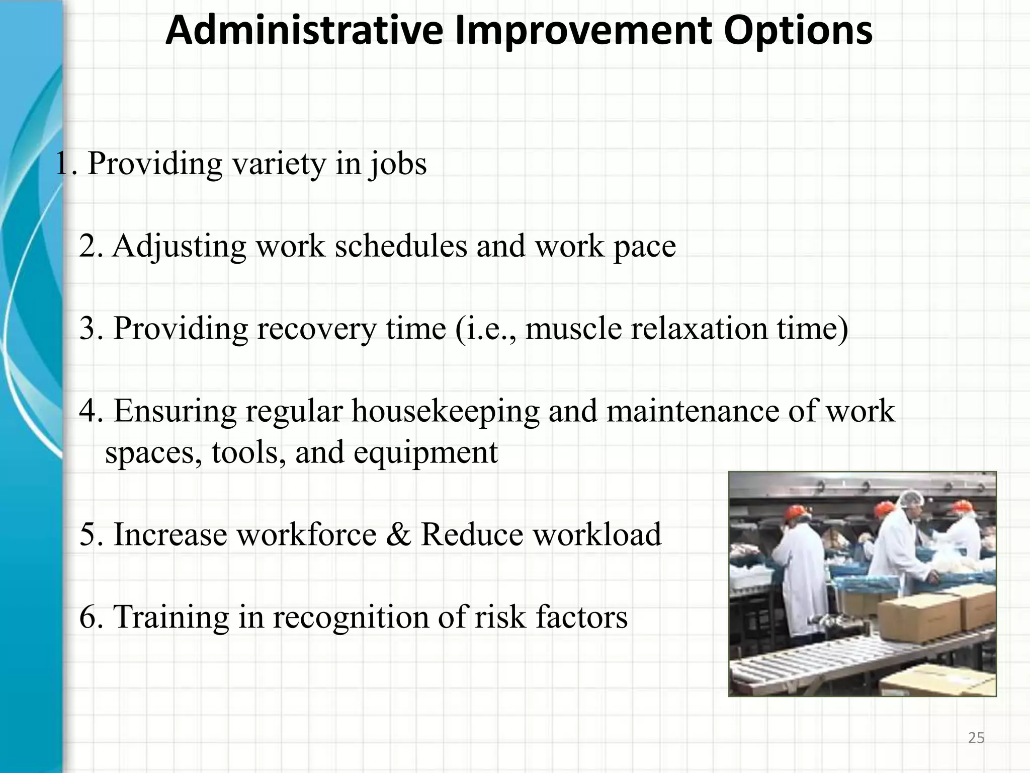 Administrative Improvement Options
1. Providing variety in jobs
2. Adjusting work schedules and work pace
3. Providing recovery time (i.e., muscle relaxation time)
4. Ensuring regular housekeeping and maintenance of work
spaces, tools, and equipment
5. Increase workforce & Reduce workload
6. Training in recognition of risk factors
25
 
