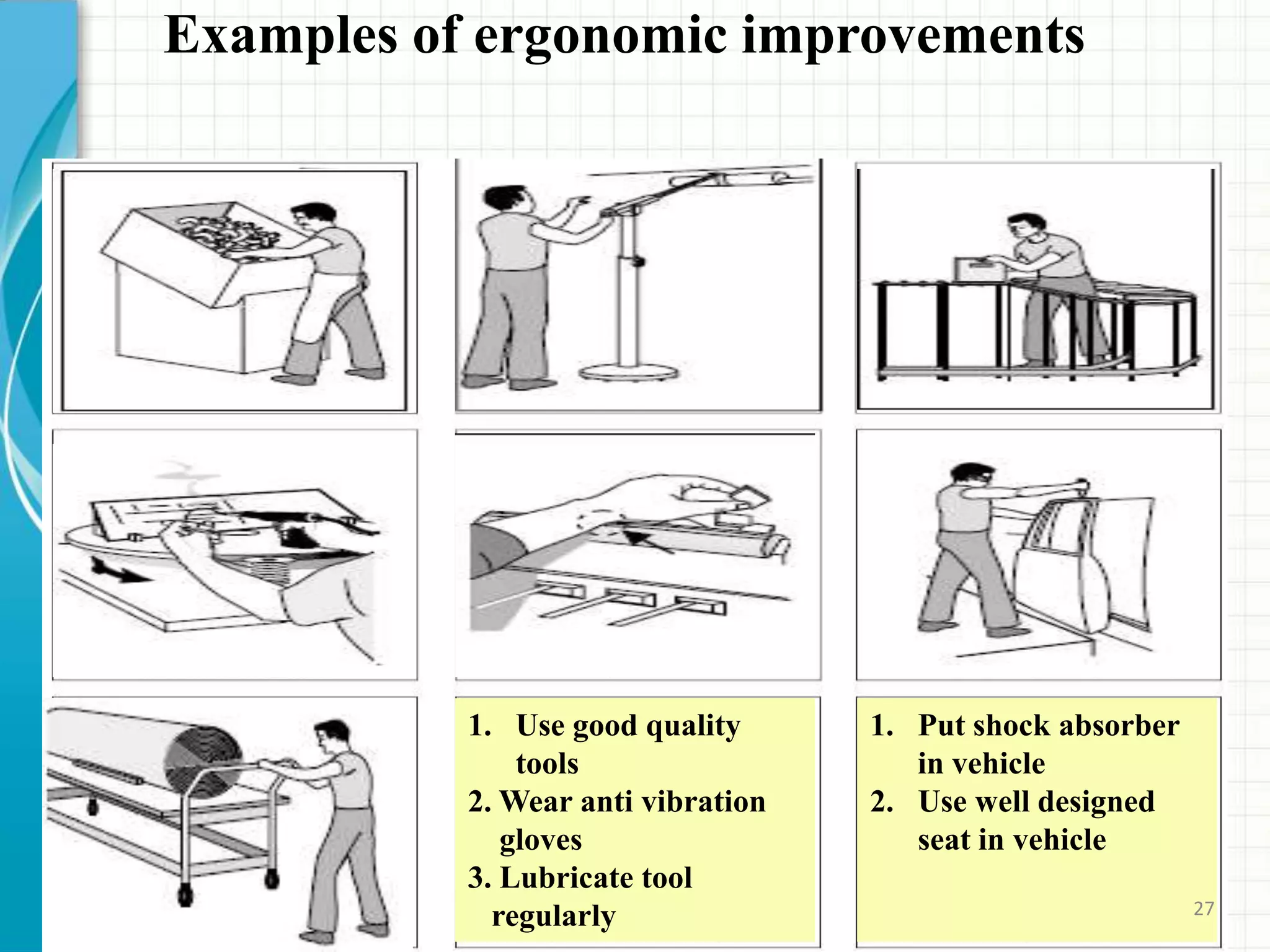 Examples of ergonomic improvements
1. Use good quality
tools
2. Wear anti vibration
gloves
3. Lubricate tool
regularly
1. Put shock absorber
in vehicle
2. Use well designed
seat in vehicle
27
 