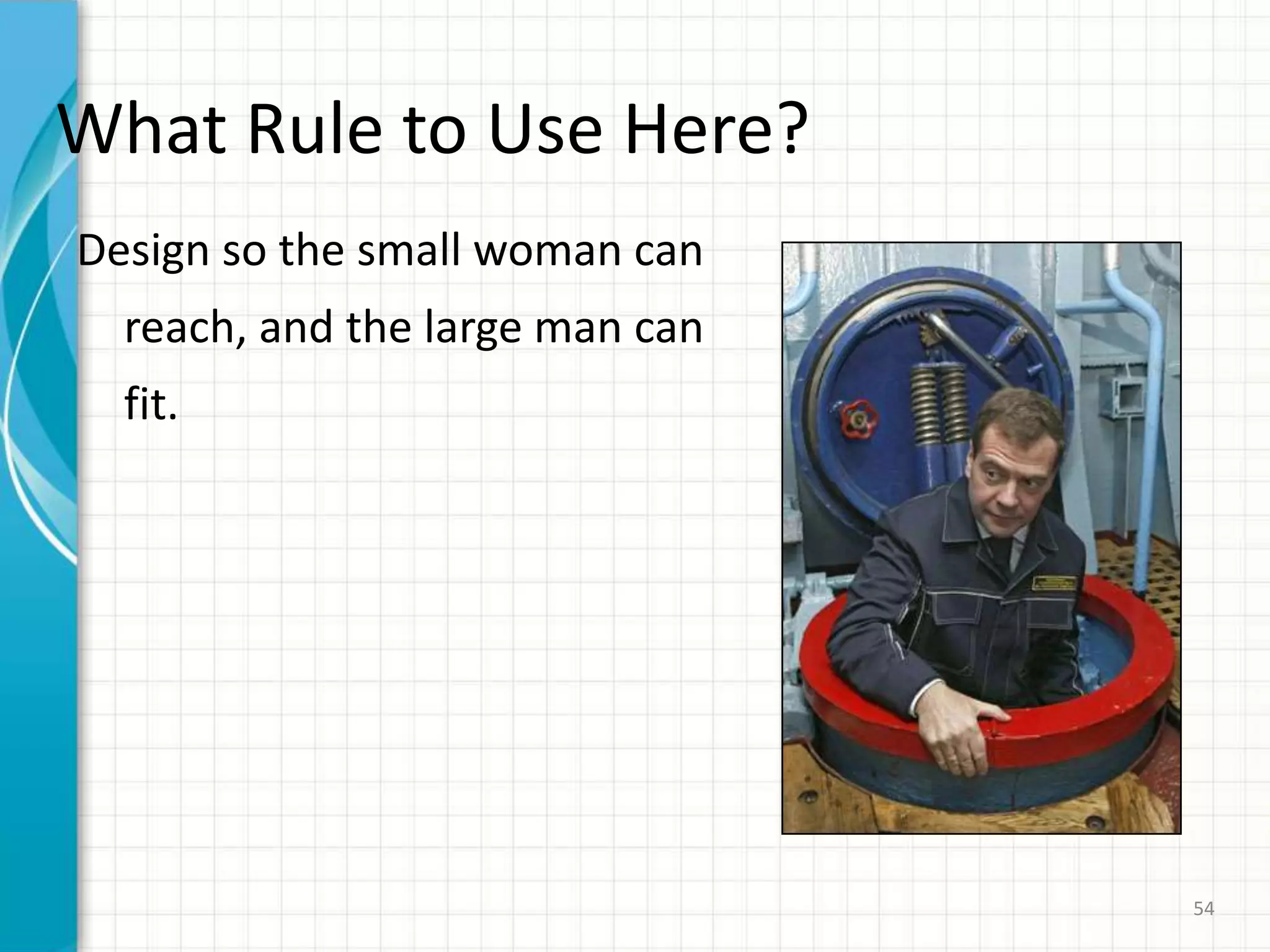 What Rule to Use Here?
Design so the small woman can
reach, and the large man can
fit.
54
 