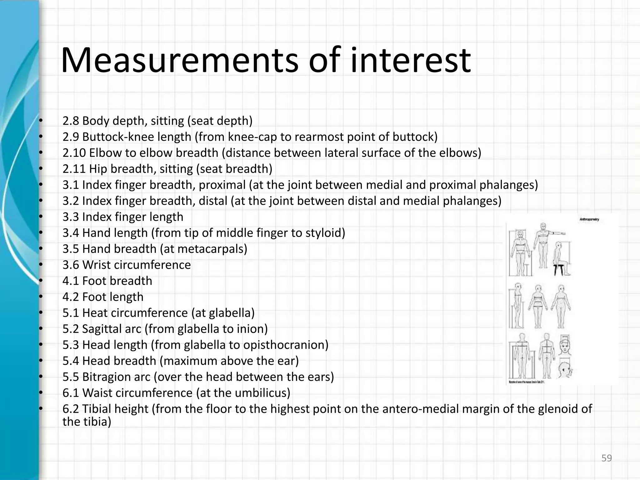 Measurements of interest
• 2.8 Body depth, sitting (seat depth)
• 2.9 Buttock-knee length (from knee-cap to rearmost point of buttock)
• 2.10 Elbow to elbow breadth (distance between lateral surface of the elbows)
• 2.11 Hip breadth, sitting (seat breadth)
• 3.1 Index finger breadth, proximal (at the joint between medial and proximal phalanges)
• 3.2 Index finger breadth, distal (at the joint between distal and medial phalanges)
• 3.3 Index finger length
• 3.4 Hand length (from tip of middle finger to styloid)
• 3.5 Hand breadth (at metacarpals)
• 3.6 Wrist circumference
• 4.1 Foot breadth
• 4.2 Foot length
• 5.1 Heat circumference (at glabella)
• 5.2 Sagittal arc (from glabella to inion)
• 5.3 Head length (from glabella to opisthocranion)
• 5.4 Head breadth (maximum above the ear)
• 5.5 Bitragion arc (over the head between the ears)
• 6.1 Waist circumference (at the umbilicus)
• 6.2 Tibial height (from the floor to the highest point on the antero-medial margin of the glenoid of
the tibia)
59
 