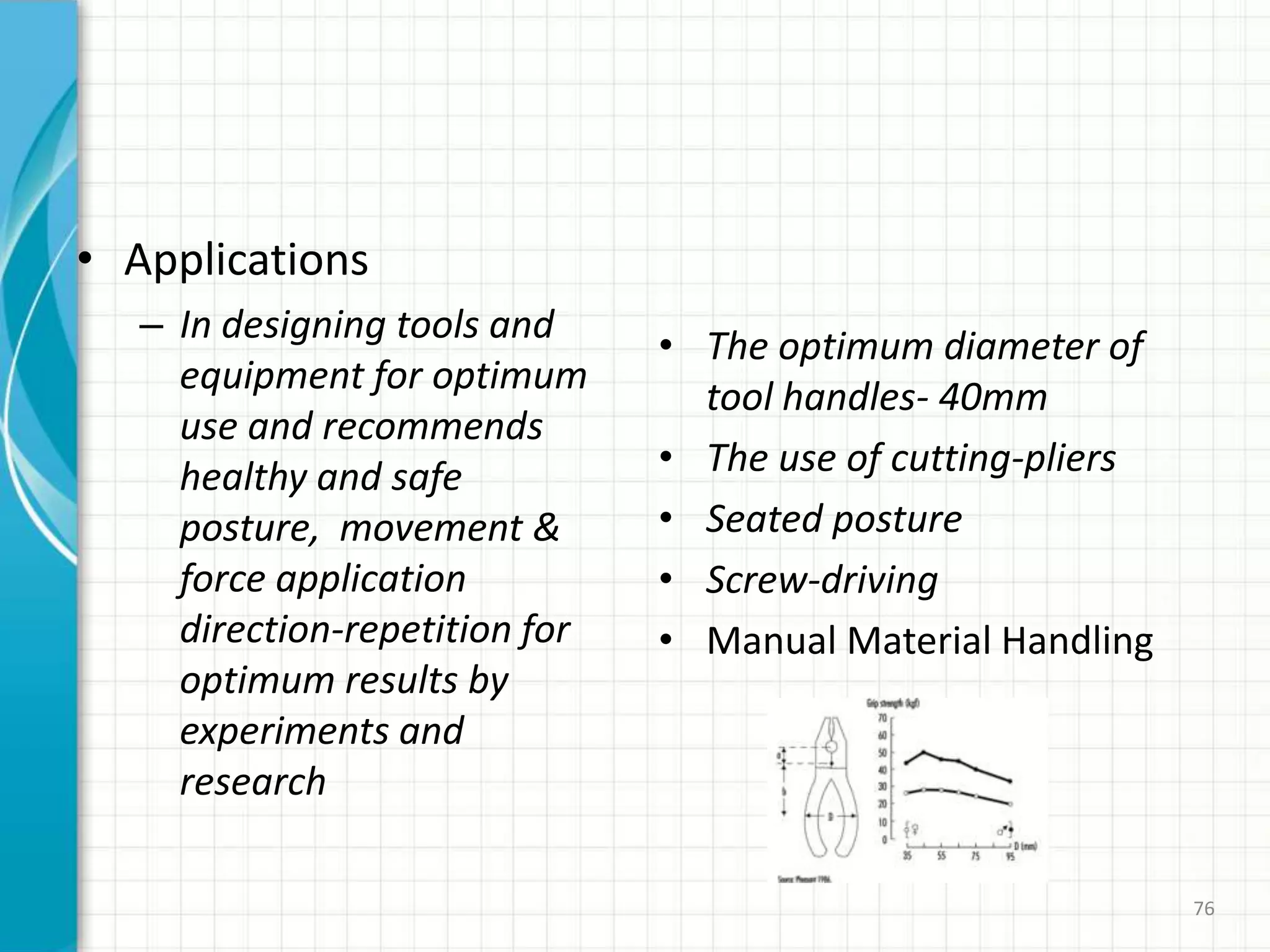 • Applications
– In designing tools and
equipment for optimum
use and recommends
healthy and safe
posture, movement &
force application
direction-repetition for
optimum results by
experiments and
research
• The optimum diameter of
tool handles- 40mm
• The use of cutting-pliers
• Seated posture
• Screw-driving
• Manual Material Handling
76
 