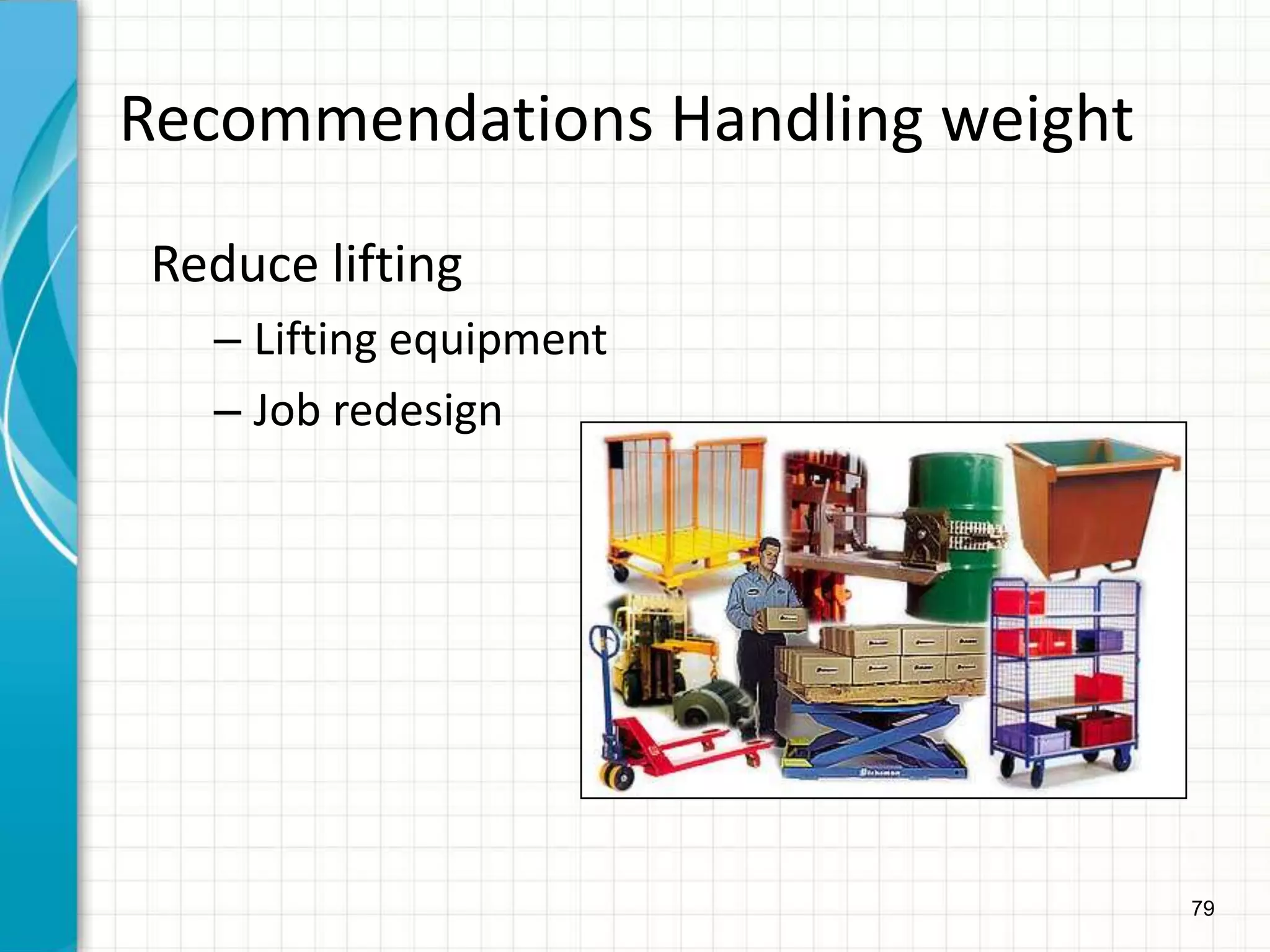 79
Recommendations Handling weight
Reduce lifting
– Lifting equipment
– Job redesign
 