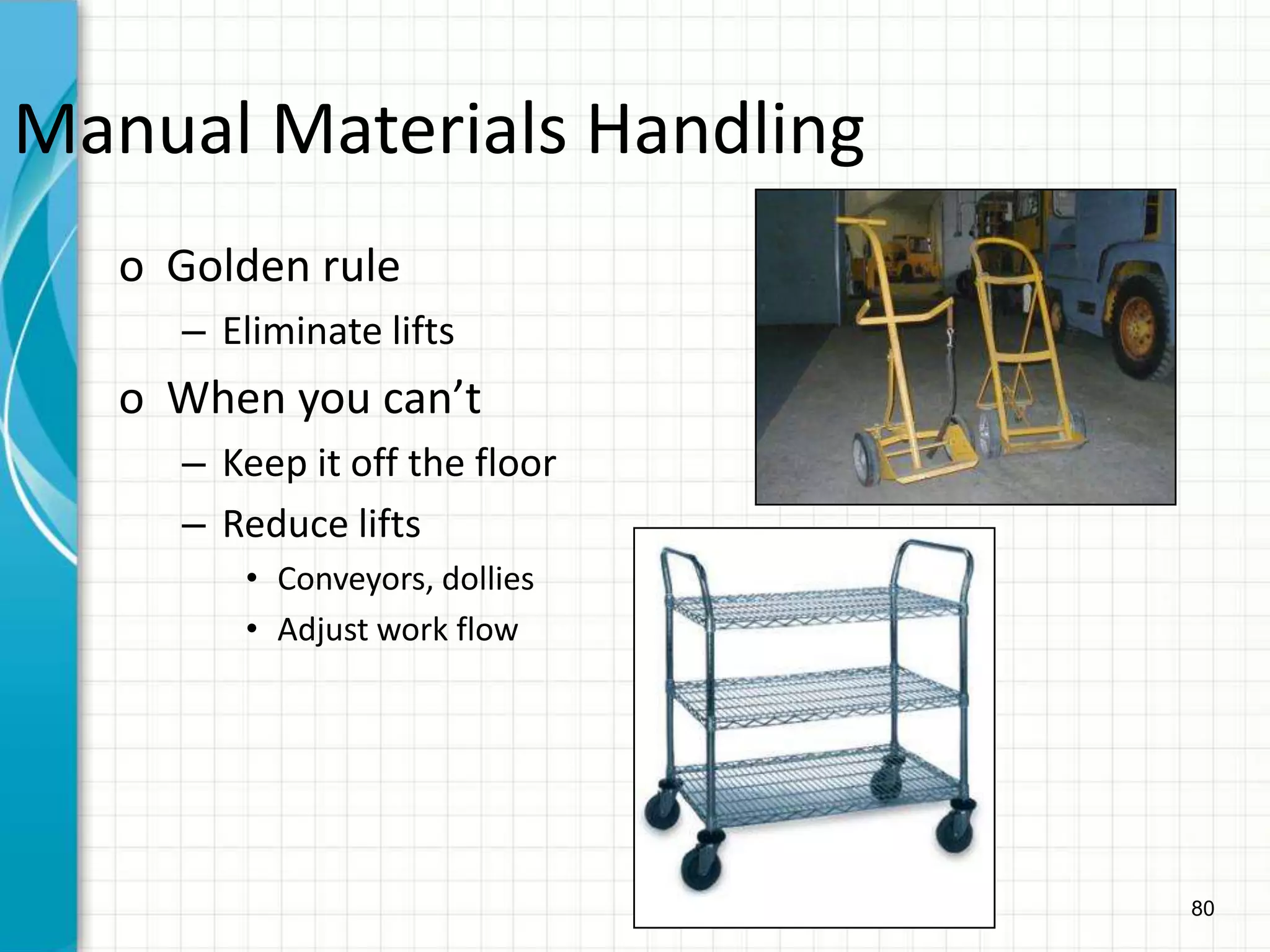 80
Manual Materials Handling
o Golden rule
– Eliminate lifts
o When you can’t
– Keep it off the floor
– Reduce lifts
• Conveyors, dollies
• Adjust work flow
 