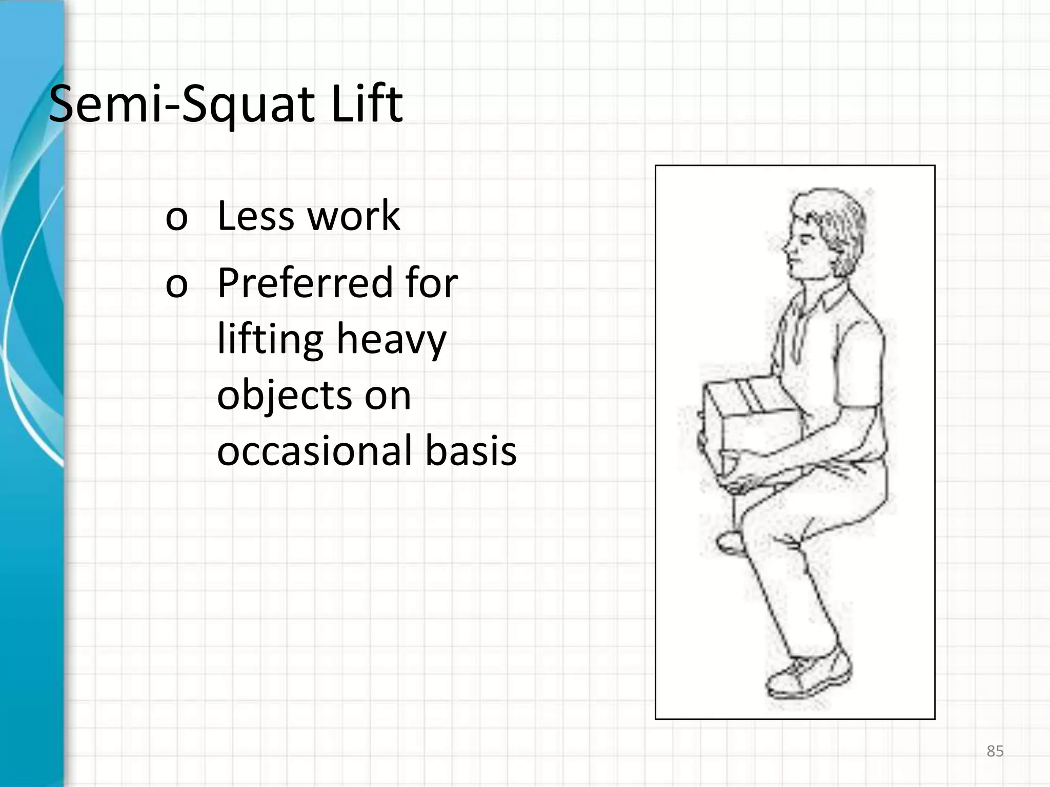 Semi-Squat Lift
o Less work
o Preferred for
lifting heavy
objects on
occasional basis
85
 
