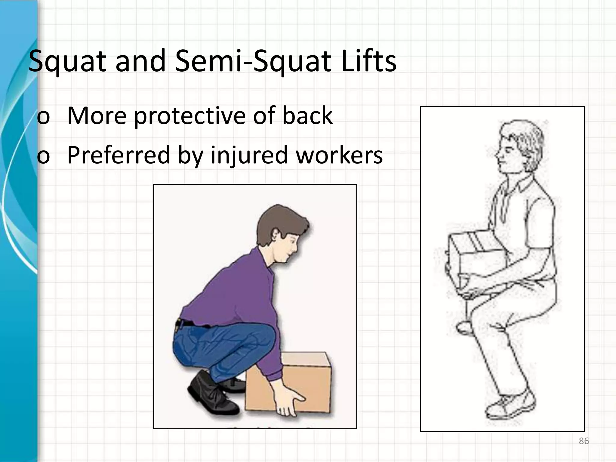 Squat and Semi-Squat Lifts
o More protective of back
o Preferred by injured workers
86
 