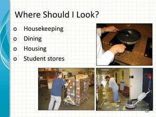 137
Where Should I Look?
o Housekeeping
o Dining
o Housing
o Student stores
 