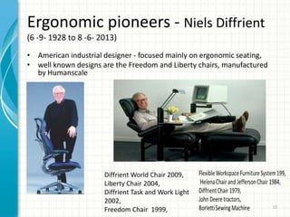 Ergonomic pioneers - Niels Diffrient
(6 -9- 1928 to 8 -6- 2013)
• American industrial designer - focused mainly on ergonomic seating,
• well known designs are the Freedom and Liberty chairs, manufactured
by Humanscale
Diffrient World Chair 2009,
Liberty Chair 2004,
Diffrient Task and Work Light
2002,
Freedom Chair 1999, 15
 