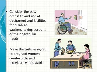• Consider the easy
access to and use of
equipment and facilities
for disabled
workers, taking account
of their particular
needs.
• Make the tasks assigned
to pregnant women
comfortable and
individually adjustable
197
 