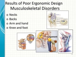Musculoskeletal Disorders
o Necks
o Backs
o Arm and hand
o Knee and foot
Results of Poor Ergonomic Design
20
 
