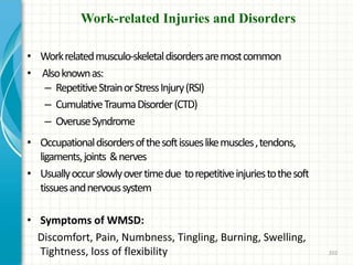 Work-related Injuries and Disorders
• Workrelatedmusculo-skeletaldisordersaremostcommon
• Alsoknownas:
– RepetitiveStrainorStressInjury(RSI)
– CumulativeTraumaDisorder(CTD)
– OveruseSyndrome
• Occupationaldisordersofthesoftissueslikemuscles,tendons,
ligaments,joints &nerves
• Usuallyoccurslowlyovertimedue torepetitiveinjuriestothesoft
tissuesandnervoussystem
• Symptoms of WMSD:
Discomfort, Pain, Numbness, Tingling, Burning, Swelling,
Tightness, loss of flexibility 202
 