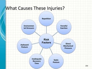 204
What Causes These Injuries?
Risk
Factors
Repetition
Forceful
Exertion
Direct
Mechanical
Pressure
Static
Posture
Inadequate
Recovery
Time
Awkward
Posture
Environmen
tal Stressors
 