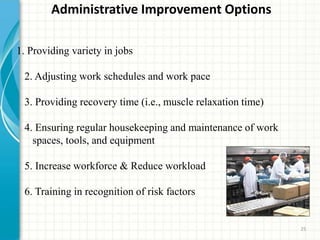Administrative Improvement Options
1. Providing variety in jobs
2. Adjusting work schedules and work pace
3. Providing recovery time (i.e., muscle relaxation time)
4. Ensuring regular housekeeping and maintenance of work
spaces, tools, and equipment
5. Increase workforce & Reduce workload
6. Training in recognition of risk factors
25
 