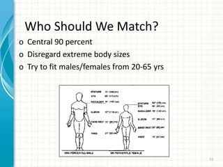 Who Should We Match?
o Central 90 percent
o Disregard extreme body sizes
o Try to fit males/females from 20-65 yrs
52
 