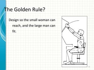 The Golden Rule?
Design so the small woman can
reach, and the large man can
fit.
53
 