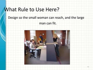 What Rule to Use Here?
Design so the small woman can reach, and the large
man can fit.
55
 