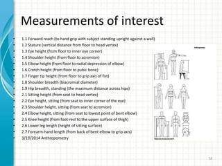 Measurements of interest
• 1.1 Forward reach (to hand grip with subject standing upright against a wall)
• 1.2 Stature (vertical distance from floor to head vertex)
• 1.3 Eye height (from floor to inner eye corner)
• 1.4 Shoulder height (from floor to acromion)
• 1.5 Elbow height (from floor to radial depression of elbow)
• 1.6 Crotch height (from floor to pubic bone)
• 1.7 Finger tip height (from floor to grip axis of fist)
• 1.8 Shoulder breadth (biacromial diameter)
• 1.9 Hip breadth, standing (the maximum distance across hips)
• 2.1 Sitting height (from seat to head vertex)
• 2.2 Eye height, sitting (from seat to inner corner of the eye)
• 2.3 Shoulder height, sitting (from seat to acromion)
• 2.4 Elbow height, sitting (from seat to lowest point of bent elbow)
• 2.5 Knee height (from foot-rest to the upper surface of thigh)
• 2.6 Lower leg length (height of sitting surface)
• 2.7 Forearm-hand length (from back of bent elbow to grip axis)
• 3/19/2014 Anthropometry
58
 