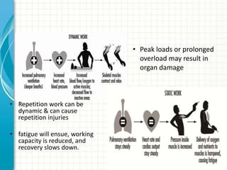 • Repetition work can be
dynamic & can cause
repetition injuries
• fatigue will ensue, working
capacity is reduced, and
recovery slows down.
• Peak loads or prolonged
overload may result in
organ damage
62
 
