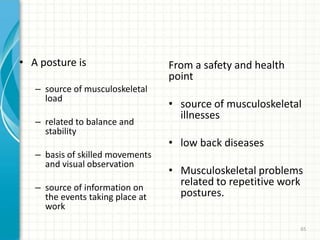 • A posture is
– source of musculoskeletal
load
– related to balance and
stability
– basis of skilled movements
and visual observation
– source of information on
the events taking place at
work
From a safety and health
point
• source of musculoskeletal
illnesses
• low back diseases
• Musculoskeletal problems
related to repetitive work
postures.
65
 