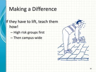 81
Making a Difference
If they have to lift, teach them
how!
– High risk groups first
– Then campus-wide
 