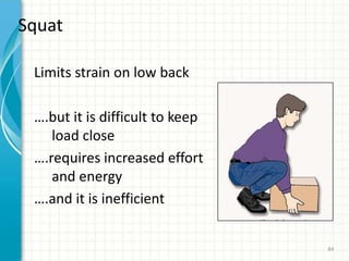 Squat
Limits strain on low back
….but it is difficult to keep
load close
….requires increased effort
and energy
….and it is inefficient
84
 