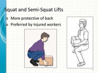 Squat and Semi-Squat Lifts
o More protective of back
o Preferred by injured workers
86
 