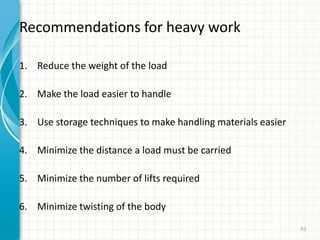 Recommendations for heavy work
1. Reduce the weight of the load
2. Make the load easier to handle
3. Use storage techniques to make handling materials easier
4. Minimize the distance a load must be carried
5. Minimize the number of lifts required
6. Minimize twisting of the body
93
 