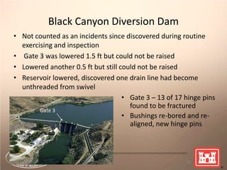 Black Canyon Diversion Dam
• Not counted as an incidents since discovered during routine
exercising and inspection
• Gate 3 was lowered 1.5 ft but could not be raised
• Lowered another 0.5 ft but still could not be raised
• Reservoir lowered, discovered one drain line had become
unthreaded from swivel
62
• Gate 3 – 13 of 17 hinge pins
found to be fractured
• Bushings re-bored and re-
aligned, new hinge pins
Gate 3
 