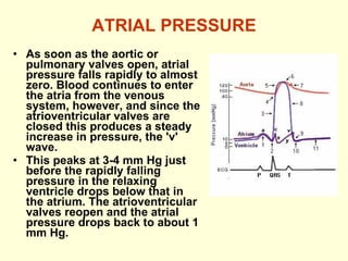 ATRIAL PRESSURE As soon as the aortic or pulmonary valves open, atrial pressure falls rapidly to almost zero. Blood continues to enter the atria from the venous system, however, and since the atrioventricular valves are closed this produces a steady increase in pressure, the 'v' wave. This peaks at 3-4 mm Hg just before the rapidly falling pressure in the relaxing ventricle drops below that in the atrium. The atrioventricular valves reopen and the atrial pressure drops back to about 1 mm Hg. 