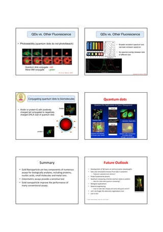 QDs vs. Other Fluorescence                                                                    QDs vs. Other Fluorescence

• Photostability (quantum dots do not photobleach)                                                                                      •   Broader excitation spectrum and
                                                                                                                                            narrower emission spectrum

                                                                                                                                        •   No spectral overlap between dots
                                                                                                                                            of different size




       Quantum dots conjugate - red
       Alexa 488 conjugate   - green
                                          Wu et al. Nature; 2003
                                                                                                                                                             Jaiswal & Simon 2004




          Conjugating quantum dots to biomolecules                                                                    Quantum dots

                                          Avidin
• Avidin or protein-G with positively
  charged tail conjugated to negatively
  charged DHLA coat of quantum dots




                    protein G




                       Summary                                                                                        Future Outlook
 • Gold Nanoparticle are key components of numerous                    •      Development of QD lasers at communication wavelengths
                                                                       •      Gain and stimulated emission from QDs in polymers
   assays for biologically analytes, including proteins,
                                                                                – Polymeric optoelectronic devices?
   nucleic acids, small molecules and metal ions.                      •      Probe fundamental physics
 • Colorimetric assays provide a sensitive test                        •      Quantum computing schemes (exciton states as qubits)
                                                                                – Basis for solid-state quantum computing?
 • Gold nanoparticle improve the performance of                        •      Biological applications
   many conventional assays.                                           •      Material engineering
                                                                                – How to make QDs cheaply and easily with good control?
                                                                       •      Let’s not forget the electronic applications too!
                                                                       •      Lots to do!


                                                                   C. Seydel. Quantum dots get wet. Science, 300, p. 80-81, Apr 2003.
 
