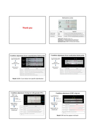 Methylation probe
                                                                                                                                                                                                          T       C
                                                                                                                                                                       MT
                                                                                                                                                                       G

                                                                                                                                                                       UTG
                                         Thank you                                                                                                                                               Methylation probe

                                                                                                                                                                         Probe                                                       Sequence
                                                                                                                                            AuNP-Probe              Met                          5’-thiol-TTTTTTTTTTACCTTACCCGCTCCATCGCG -3’
                                                                                                                                            Test line (T)           Met’                         5’-TCACTAACCGCTCCTCAAACAAATACG-TEG-biotin-3’
                                                                                                                                            Control (C)             Met Com                      5’-biotin- TTTTTTTTTTCGCGATGGAGCG GGTAAGGT-3’

                                                                                                                                                                   AuNPs-Probe: Methylation-probe 15 µL
                                                                                                                                                                   Test line(T): 1/10 Streptavidin-Biotin-Probe (Methylation)
                                                                                                                                                                   Control line(C): 1/10 Streptavidin-Biotin-Probe (Control)
                                                                                                                                                                   Hybridization buffer: 6XSSC, 0.5% SDS, 50% Formamide




Condition adjustment of new unmethylation biotin-probe                                                                                       Condition adjustment of new methylation biotin-probe
 0.1 µM Synthetic target                                                                            T C                                       0.1 µM Synthetic target
  (Met or Unmet) 10 µl                                               MT                                                                        (Met or Unmet) 10 µl                                         MT                                T C
                                    Hybridization
                                      buffer 1                       G                                                                                                                                    MTG
                                                                     UTG                                                                                                                                    UTG
        Add 90 µl                                                                                                                                    Add 90 µl                                            G
   Hybridization buffer             Hybridization                    MT                                                                         Hybridization buffer                                        MT
                                                                                                                                                                                                          UTG
                                      buffer 2
                                                                     G
                                                                     UTG                                                                                                                                    G
                                                              MTG=methylation target, UTG=unmethylation target                                                                                            MTG=methylation target, UTG=unmethylation target
   Apply mixture to                                                                                                                              Apply mixture to
     sample pad                                            Probe      µl                        MTG=methSequence                                   sample pad                                           Probe    µl                                   Sequence
                             AuNP-Probe                   Unmet       15                        ylation
                                                                           5 -thiol-TT TTT TTT TTC ACA ACT AAC CTT ACC CAC TCC ATC ACA -3                                   AuNP-Probe                  Met       15   5 -thiol-TTT TTT TTT TAC CTT ACC CGC TCC ATC GCG -3
                             Test line (T) 1/10           Unmet       1    5 -CAT CAA ACA TCT CCA ACA ACC ACT CCA C-TEG-biotin-3                                            Test line (T) 1/10          Met       1    5 -CGT CAA ACA TCT CCG ACG ACC GC-TEG-biotin-3
                             Control (C) 1/10             Unmet       1    5 -biotin-TTTTTTTTTTTGTGATGGAGTGGGTAAGGTTAGTTGTG-3                                               Control (C) 1/10            Met       1    5 -biotin- T TTT TTT TTT CGC GAT GGA GCG GG TAA GGT-3
                             Hybridization buffer 1       6×SSC, 1%BSA, 0.01% SDS, 0.2% Tween-20,                                                                           Hybridization buffer 2     6XSSC, 1% BSA, 0.01% SDS, 0.2% tween 20, 50% Formamide
                             Hybridization buffer 2       6XSSC, 1% BSA, 0.01% SDS, 0.2% tween 20, 50% Formamide




     Result: Buffer 2 can reduce non specific hybridization




 Condition adjustment of strip test with genomic DNA                                                                                                        Condition adjustment of SRY strip test
    DNA 5 µl
(treat bisulfite)                                                                                T C                                        1 µg DNA(Male)                                                                                T         C
                                                          B
                                                              MT
            Denature                                          G                                                              Met                            Denature                                                                ZP3 SRY
            at 100oC, 5 min                               N MTUTG                                                                                           at 100oC, 5 min
                                                            G
                                                          B   MT
            Chill in ice, 15 min                            UTG                                                              Unmet                          Chill in ice, 10 min

                                                          N   G                                                                             Apply DNA to
Apply DNA to
                                                                    B=Bisulfite treatment DNA, N=No treatment DNA
 sample pad                                                                                                                                  sample pad                                                 Probe     µl                                 Sequence
                                                                                                                                                                                       AuNP-Probe       SRY       10     5 -thiol-T TTT TTT TTT GAT GAT TAC AGT CCA GCT GTG CAA G-3
                                                  Probe       µl                                    Sequence                                                                                                             5 -thiol-TTT TTT TTT TAG CCA TCC TGA GAC GTC CGT ACA-3
                                                                                                                                                                                                        ZP3       10
                              AuNP-Probe          Unmet        15     5 -thiol-TT TTT TTT TTC ACA ACT AAC CTT ACC CAC TCC ATC ACA -3
                                                                                                                                                                                       Test line (T)    SRY       1     5 -GAA TAT TCC CGC TCT CCG GAG AAG TTT TTT TTT T-biotin-3
Apply buffer to                                    Met         15     5 -thiol-TTT TTT TTT TAC CTT ACC CGC TCC ATC GCG -3
                                                                                                                                            Apply buffer to                                1/10         ZP3       1     5 -GCC CGT ACT GGT GGA GTG TCA TTT TTT TTT T-biotin-3
                              Test line (T)       Unmet        1      5 -CAT CAA ACA TCT CCA ACA ACC ACT CCA C-TEG-biotin-3
 sample pad                      1/10              Met         1      5 -CGT CAA ACA TCT CCG ACG ACC GC-TEG-biotin-3
                                                                                                                                             sample pad                                 Control (C)     SRY       1     5 -biotin-TT TTT TTT TTC TTG CAC AGC TGG ACT GTA ATC ATC-3
                                                                                                                                                                                                                        5 -biotin-TTT TTT TTT TTG TAC GGA CGT CTC AGG ATG GCT-3
                                                                                                                                                                                           1/10         ZP3       1
                               Control (C)        Unmet        1      5 -biotin-TTTTTTTTTTTGTGATGGAGTGGGTAAGGTTAGTTGTG-3
                                                                      5 -biotin- T TTT TTT TTT CGC GAT GGA GCG GG TAA GGT-3                                                            Hybridization     6×SSC, 1%BSA, 0.2% Tween-20, 0.01% SDS
                                  1/10             Met         1                                                                                                                          buffer
                              Hybridization       6×SSC, 1%BSA, 0.2% Tween-20, 0.01% SDS
                                 buffer
                                                                                                                                                               Result: SRY test line appear red band
 