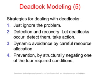 Deadlock Modeling (5)
Strategies for dealing with deadlocks:
1. Just ignore the problem.
2. Detection and recovery. Let deadlocks
occur, detect them, take action.
3. Dynamic avoidance by careful resource
allocation.
4. Prevention, by structurally negating one
of the four required conditions.
Tanenbaum, Modern Operating Systems 3 e, (c) 2008 Prentice-Hall, Inc. All rights reserved. 0-13-6006639
 