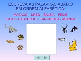 ESCREVA AS PALAVRAS ABAIXO EM ORDEM ALFABÉTICA: MACACO – URSO – BALEIA – PEIXE GATO – CACHORRO – TARTARUGA - ARANHA 