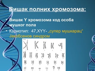 Вишак полних хромозома:
• Вишак Y хромозома код особа
  мушког пола
• Кариотип: 47,XYY- „супер мушкарац“
  Јакобсенов синдром
 