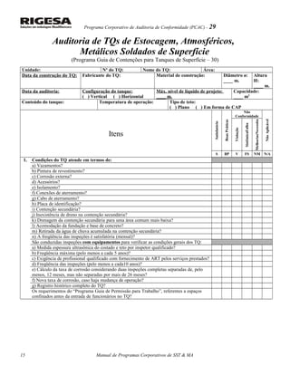 Programa Corporativo de Auditoria de Conformidade (PCAC) - 29
Auditoria de TQs de Estocagem, Atmosféricos,
Metálicos Soldados de Superfície
(Programa Guia de Contenções para Tanques de Superfície – 30)
Unidade: Nº do TQ: Nome do TQ: Área:
Data da construção do TQ: Fabricante do TQ: Material de construção: Diâmetro ø:
____ m.
Altura
H:
____ m.
Data da auditoria: Configuração do tanque:
( ) Vertical ( ) Horizontal
Máx. nível de líquido de projeto:
____ m.
Capacidade:
____ m3
Conteúdo do tanque: Temperatura de operação: Tipo de teto:
( ) Plano ( ) Em forma de CAP
Itens
Satisfatório
BoasPráticas
Não
Conformidade
NãoAplicável
Violação
FalhaSistêmica
NecessitaMelhorias
S BP V FS NM N/A
1. Condições do TQ atende em termos de:
a) Vazamentos?
b) Pintura de revestimento?
c) Corrosão externa?
d) Acessórios?
e) Isolamento?
f) Conexões de aterramento?
g) Cabo de aterramento?
h) Placa de identificação?
i) Contenção secundária?
j) Inexistência de dreno na contenção secundária?
k) Drenagem da contenção secundária para uma área comum mais baixa?
l) Acomodação da fundação e base de concreto?
m) Retirada da água de chuva acumulada na contenção secundária?
n) A freqüência das inspeções é satisfatória (mensal)?
São conduzidas inspeções com equipamentos para verificar as condições gerais dos TQ:
a) Medida espessura ultrasônica do costado e teto por inspetor qualificado?
b) Freqüência máxima (pelo menos a cada 5 anos)?
c) Exigência de profissional qualificado com fornecimento de ART pelos serviços prestados?
d) Freqüência das inspeções (pelo menos a cada10 anos)?
e) Cálculo da taxa de corrosão considerando duas inspeções completas separadas de, pelo
menos, 12 meses, mas não separadas por mais de 26 meses?
f) Nova taxa de corrosão, caso haja mudança de operação?
g) Registro histórico completo do TQ?
Os requerimentos do “Programa Guia de Permissão para Trabalho”, referentes a espaços
confinados antes da entrada de funcionários no TQ?
Manual de Programas Corporativos de SST & MA15
 